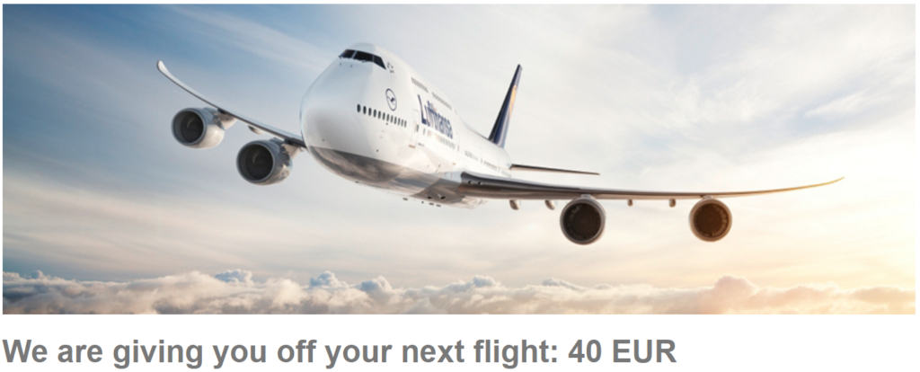 Скидка на рейсы Lufthansa: 40 € / 2500 руб.