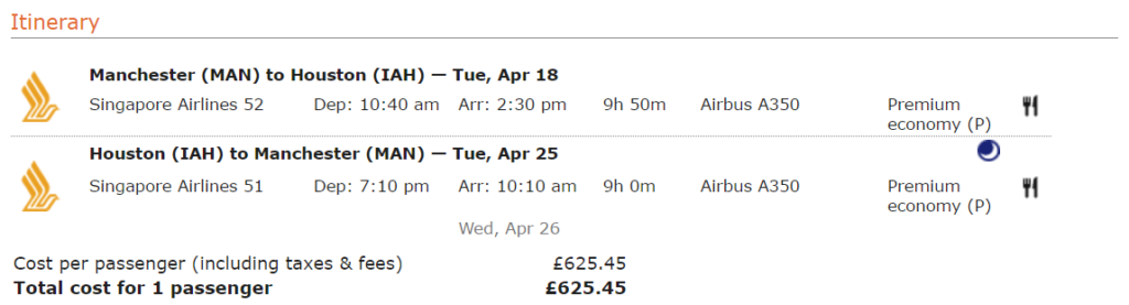 Премиум-эконом Singapore Airlines из Манчестера в Хьюстон за 622 €