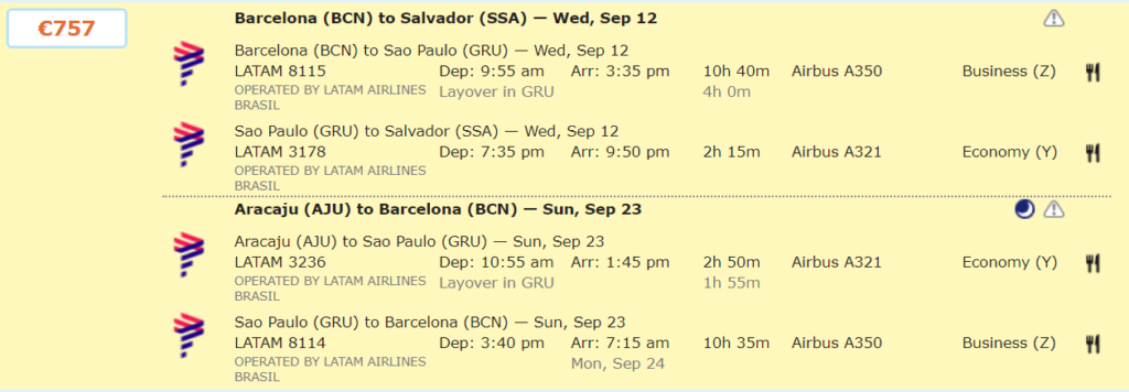 БЕГОМ: бизнес-класс LATAM из Барселоны в Бразилию за 727€